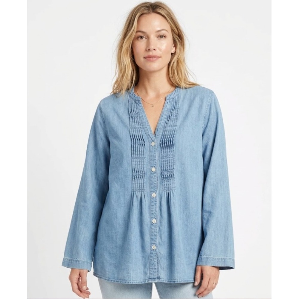 Toofan‎ Large Blue Chambray Pintuck Split Neck Denim Button Down Preppy